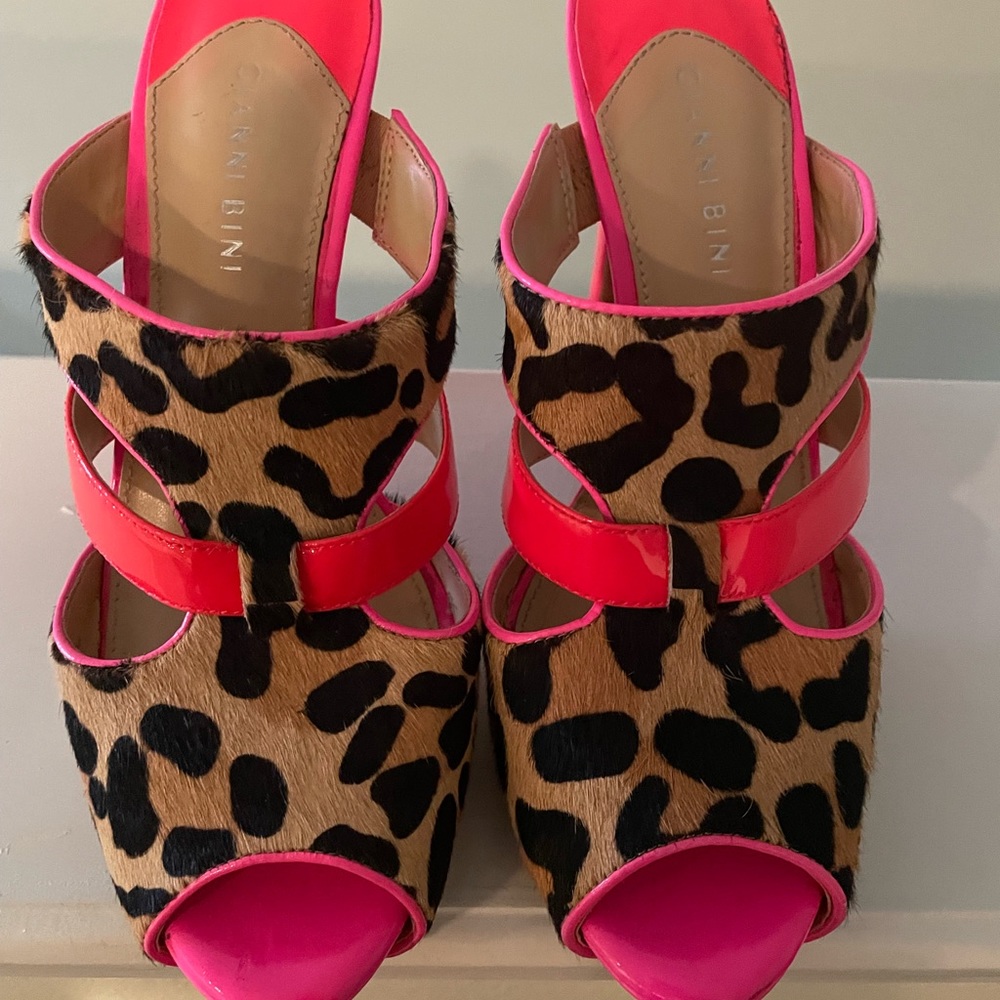 Leopard print with pink @ orange leather platform mules